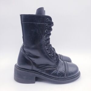 Vintage Grunge Punk Black Leather Military Combat Moto‎ Boots Size 8.5 Women's